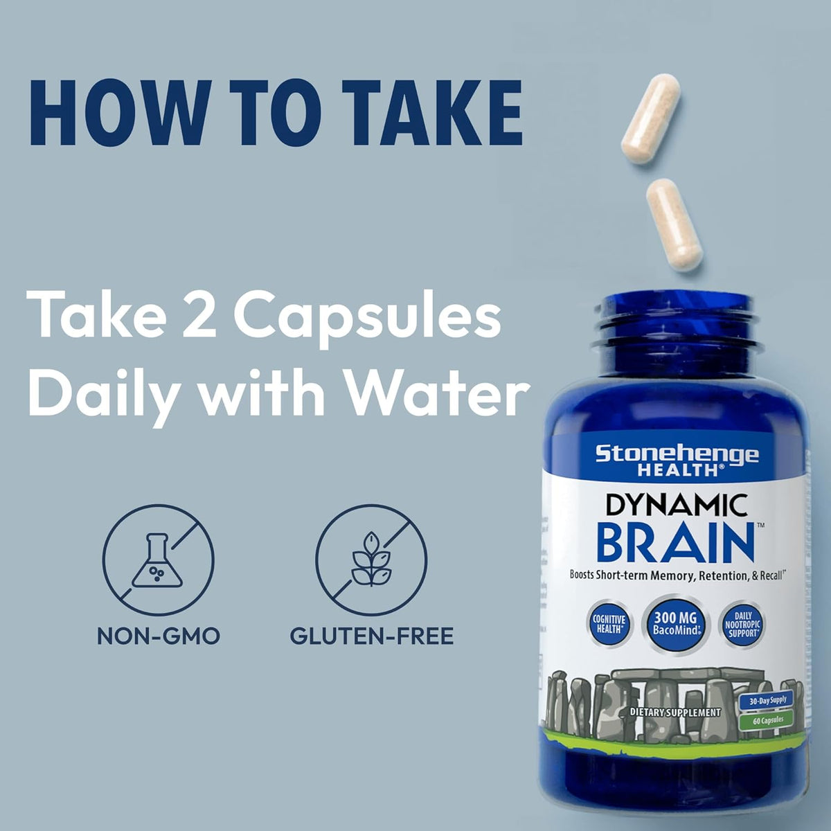 Stonehenge Health Dynamic Brain Supplement – New Formula with BacoMind for Memory Acquisition, Retention, & Recall with 40 Unique Nootropic: Choline, Phosphatidylserine, and Huperzine A